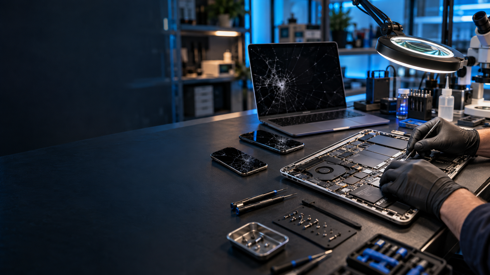 Geöffneter MacBook-ähnlicher Laptop, Laptop mit gebrochenem Display und Smartphones in einer professionellen Reparaturwerkstatt