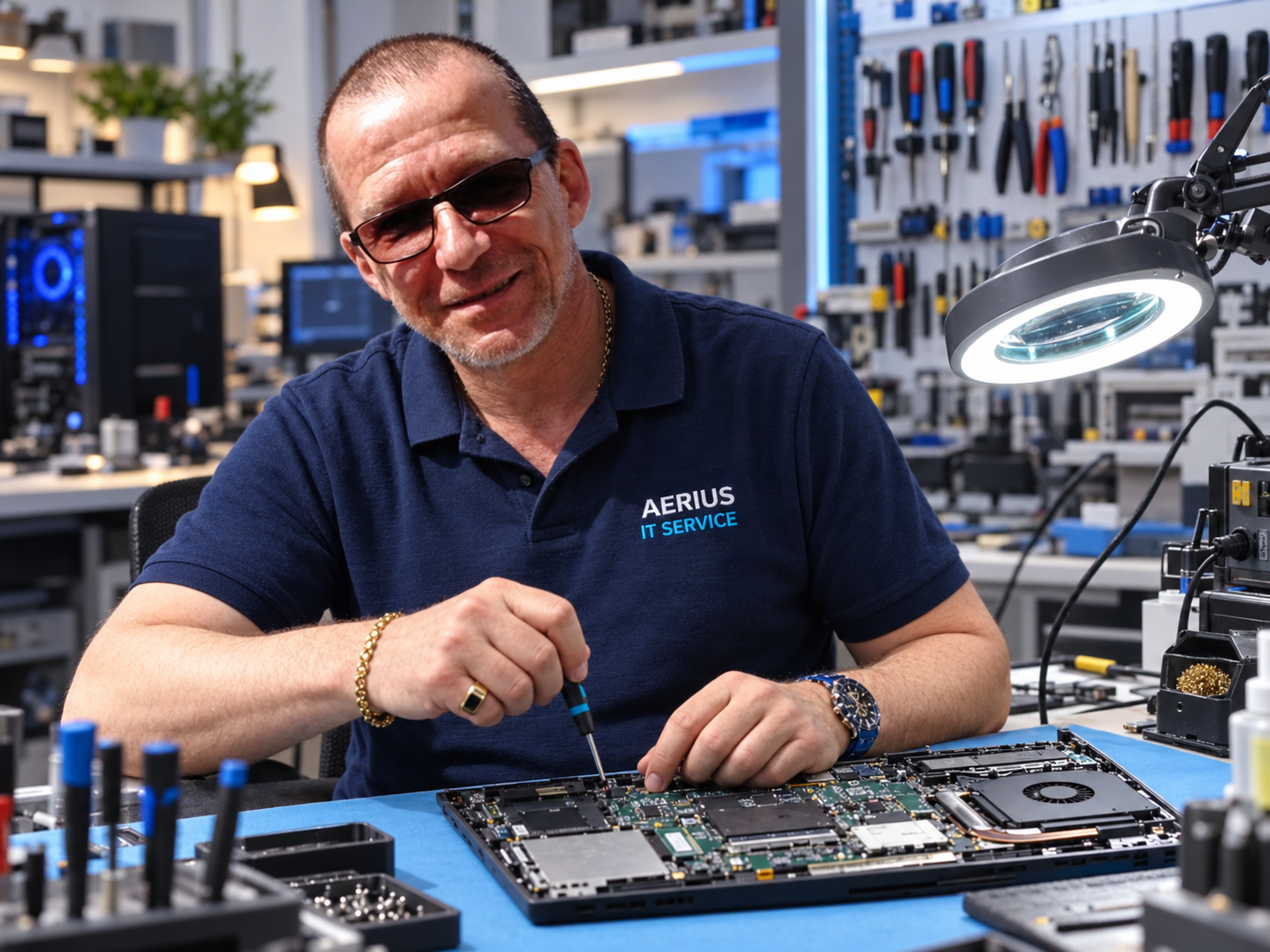 János Csuk, AERIUS IT SERVICE, bei der Reparatur eines geöffneten Laptops