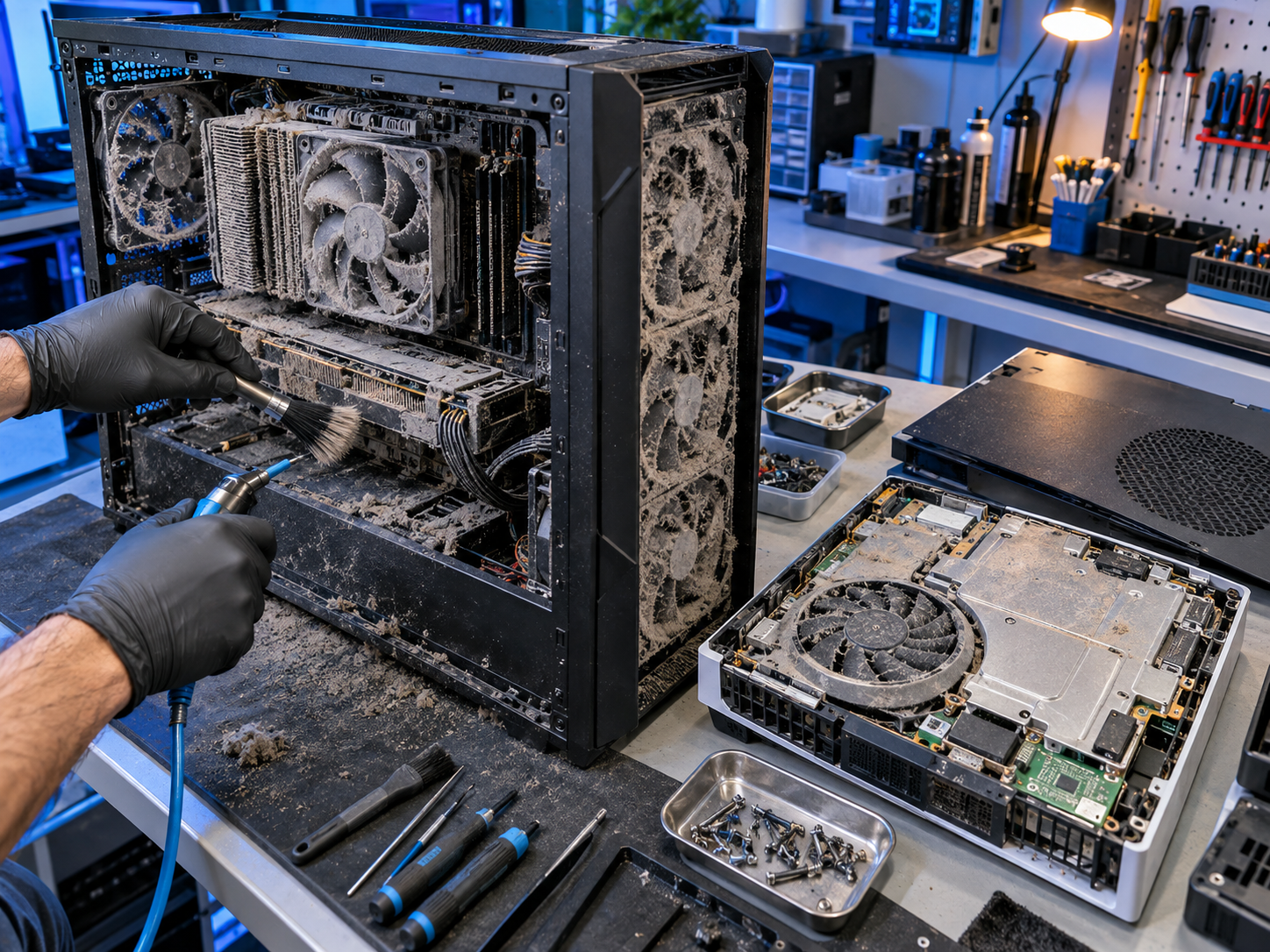 Stark verstaubter geöffneter Gaming-PC und zerlegte Spielkonsole bei der professionellen Reinigung