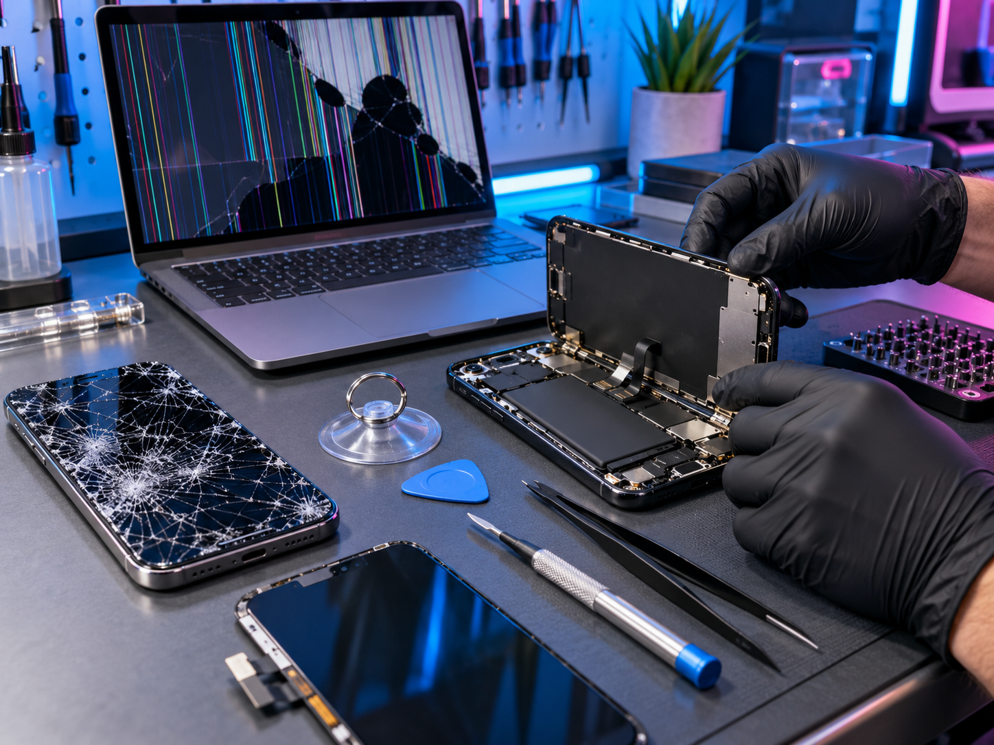 Smartphones und Laptop mit gebrochenen Displays bei der Reparatur